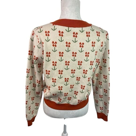 DAZY Women's S Crew LS Double Breasted Button Cardi Sweater Rust Floral EUC - Picture 2 of 12